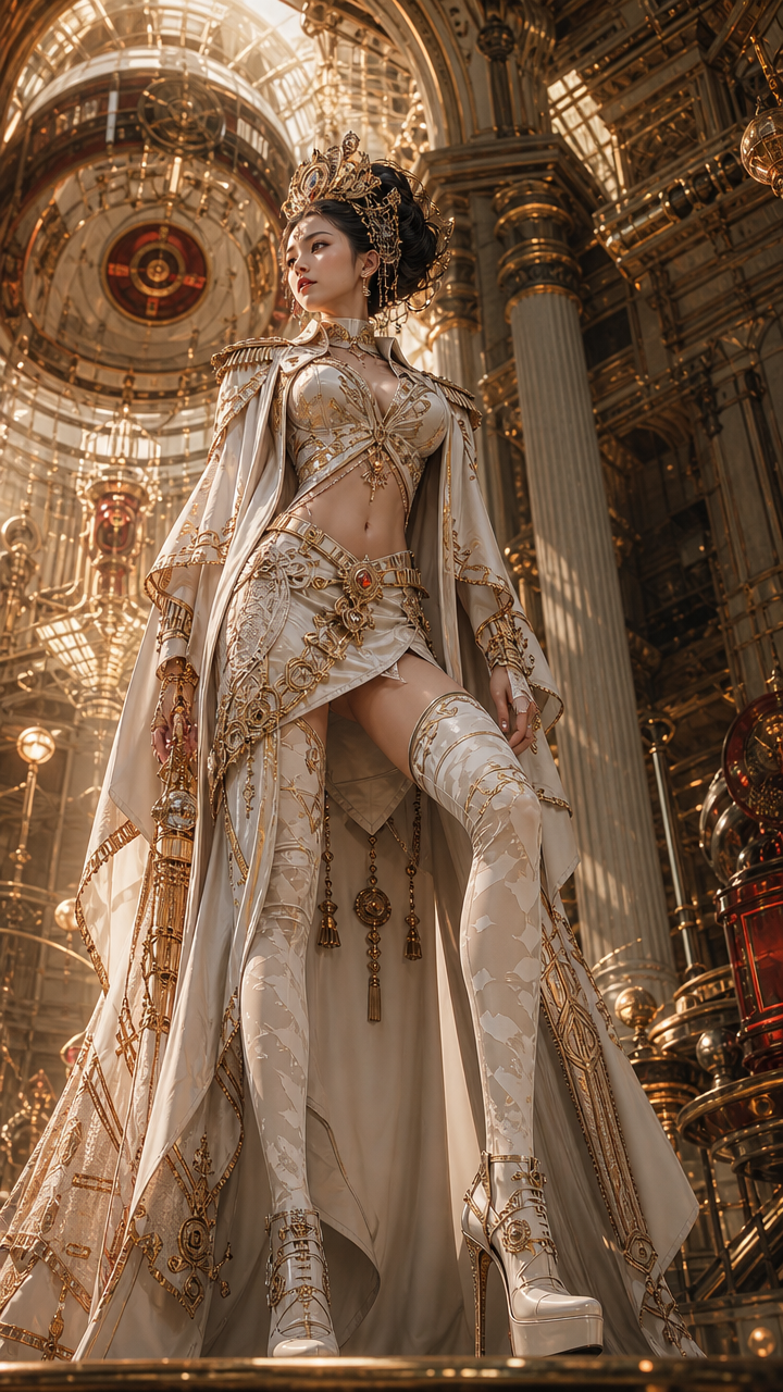 Woman in regal gold-embellished royal cosplay costume inside a grand gilded architectural interior.