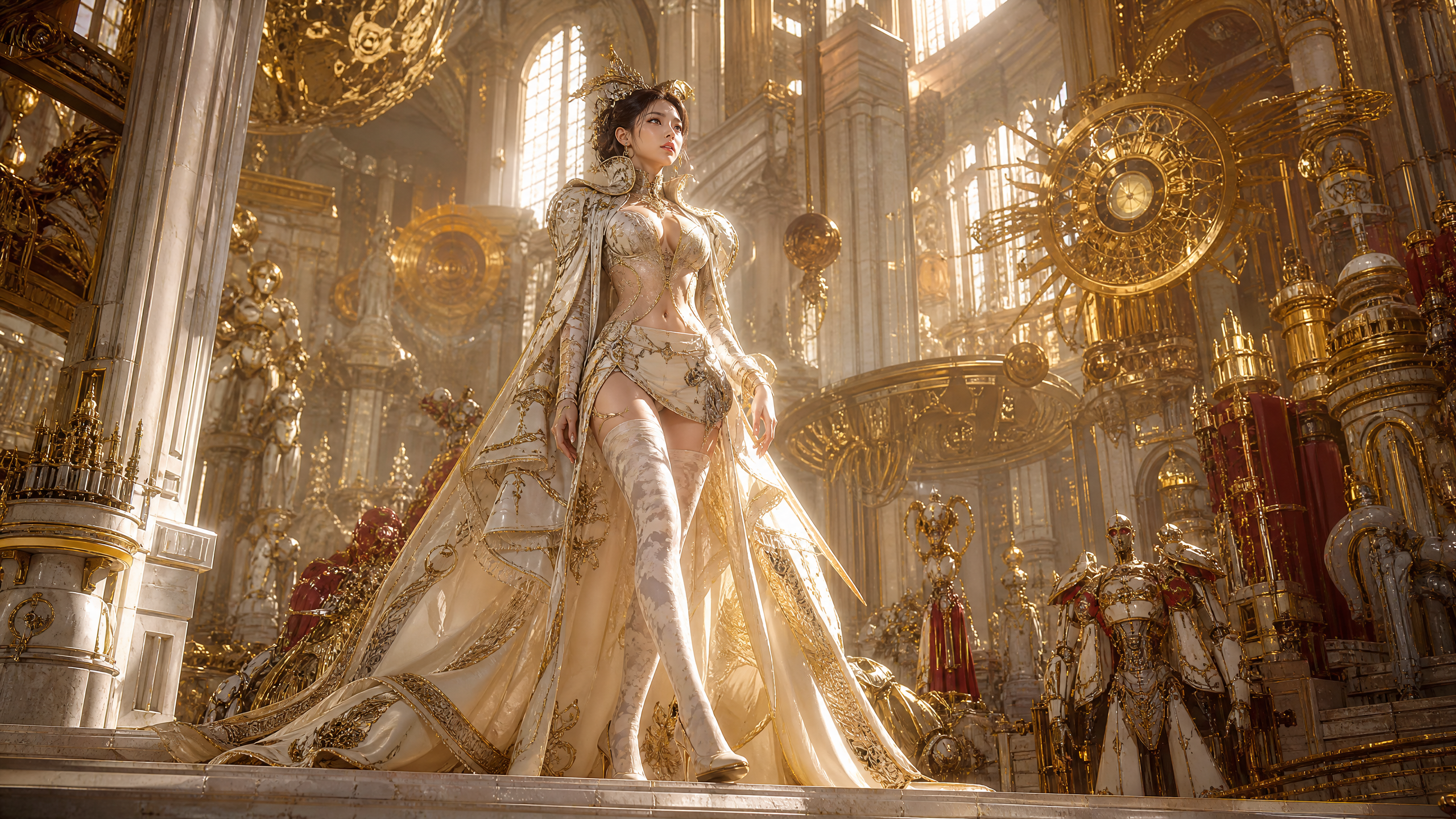 Elegant woman in an ornate gold-embellished gown in a grand, gilded palace interior.