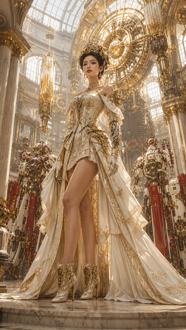 Woman in a gold-embellished royal gown with crown inside a gilded Baroque palace.
