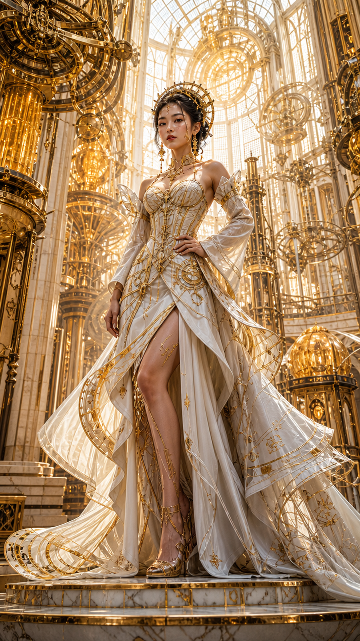 Elegant woman in an ivory-gold gown and crown stands in a gilded, ornate hall.