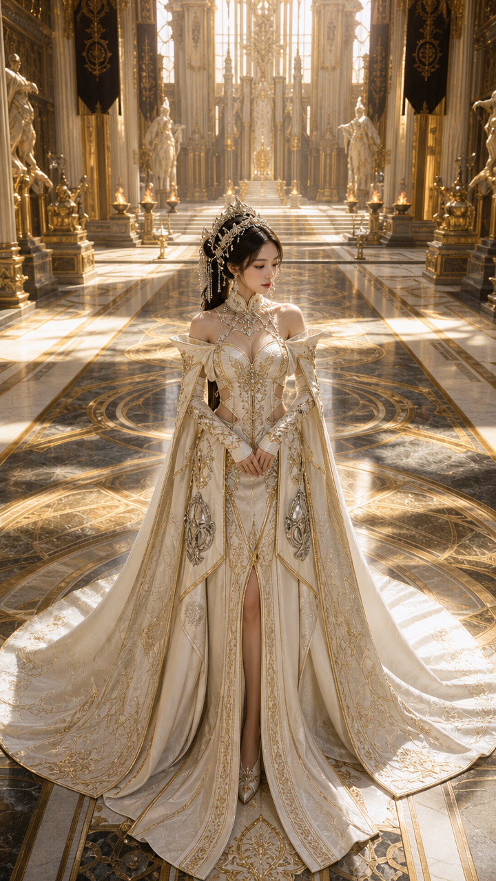 Elegant woman in an ivory and gold royal gown stands in a gilded, opulent hall with statues and ornate patterns.