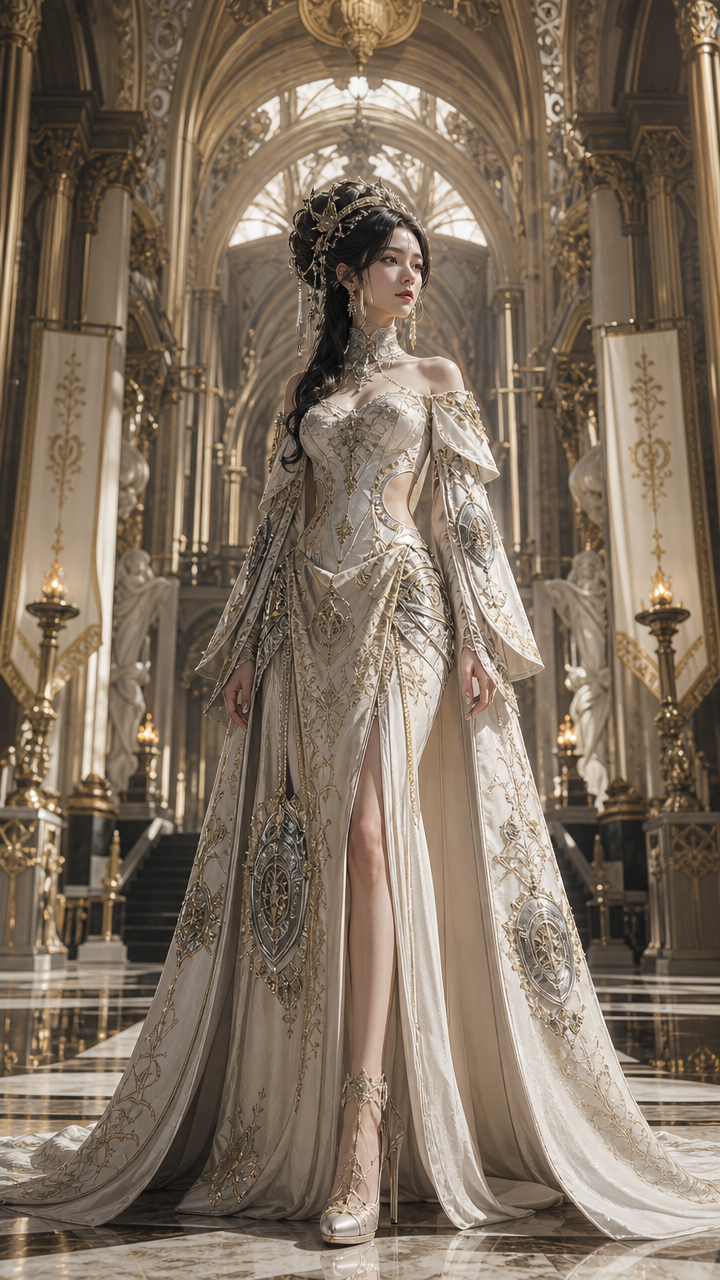 Elegant woman in an ornate ivory gown with cape and high slit stands in a grand cathedral-like hall.