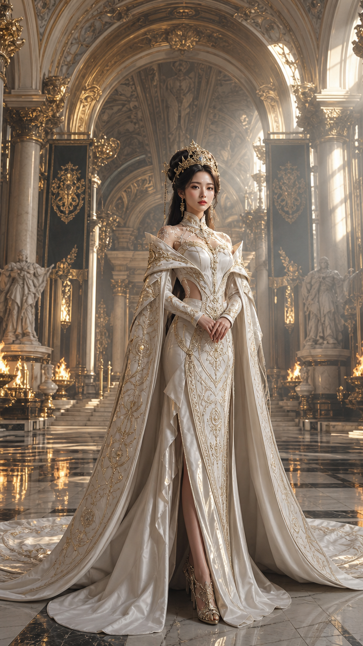 Woman in an ornate gold-embellished wedding gown and crown in a gilded, opulent hall.