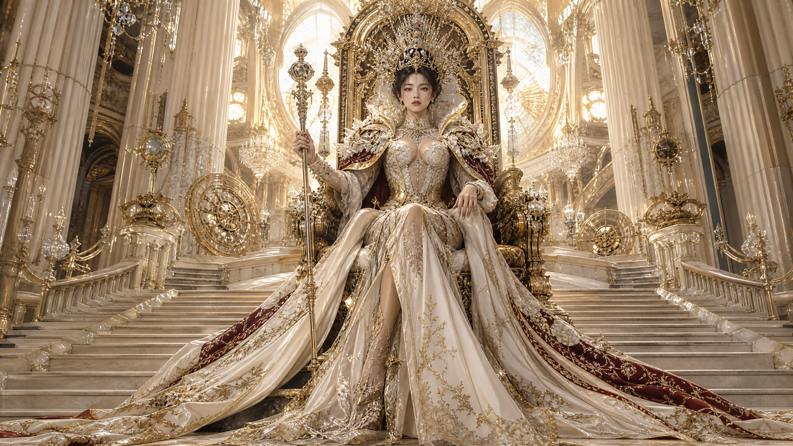Regal queen in a gold-embellished royal gown seated on an ornate throne staircase.
