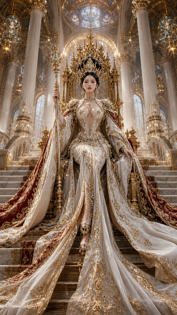 Woman in an elaborate gold-embellished royal gown and crown seated on a throne in a gilded, opulent hall.
