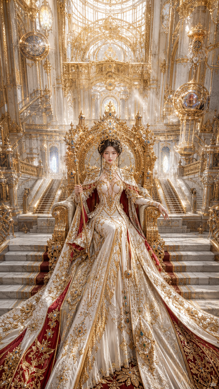 A regal woman in a gold-embellished gown sits on a gilded throne in a baroque, gold-filled palace hall.