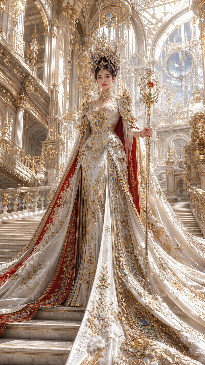 Elegant queen in a gold-embellished gown with crown, standing on a gilded staircase holding a scepter.