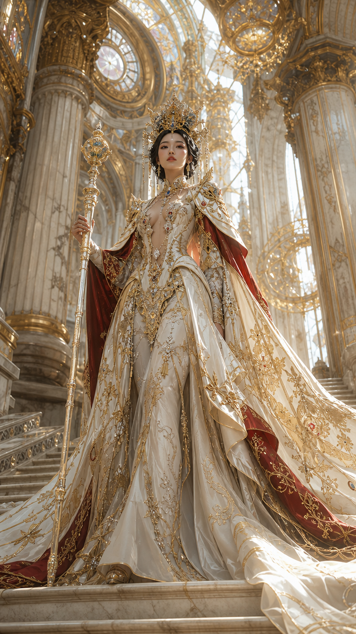 Regal queen in a gold-embroidered gown with red cape on marble stairs in a gilded palace.