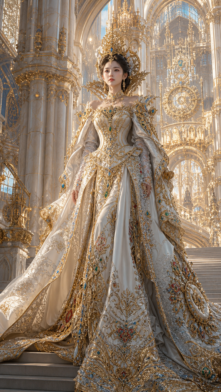 Elegant woman in an ornate gold-embroidered gown and crown standing on grand cathedral stairs