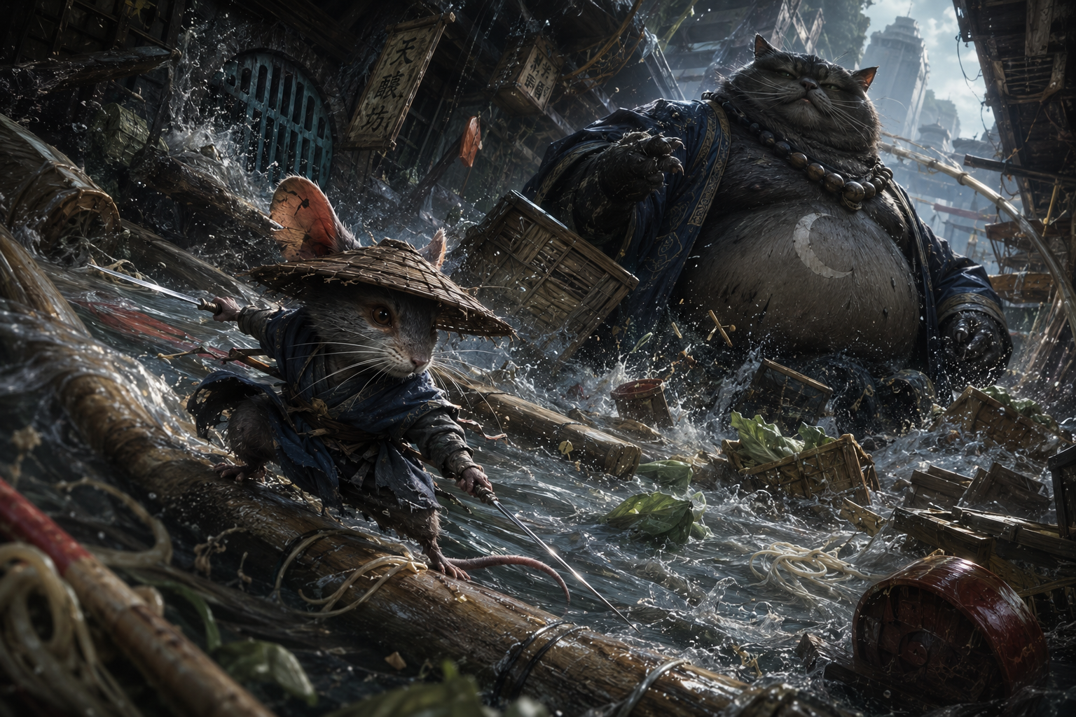 Two rat-like warriors navigate a flooded, debris-filled city canal; a large beaded humanoid rat looms behind.