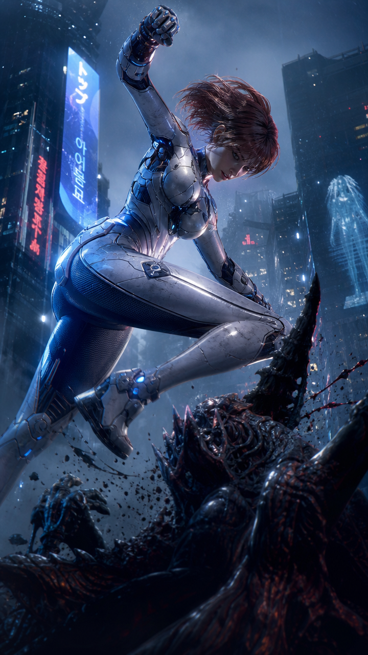 Futuristic female cyborg in a silver suit leaps over a monstrous creature in a neon-lit cityscape.