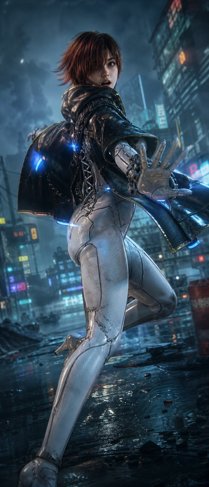 Female cyberpunk character in a metallic bodysuit, neon-lit city background, dynamic action pose.