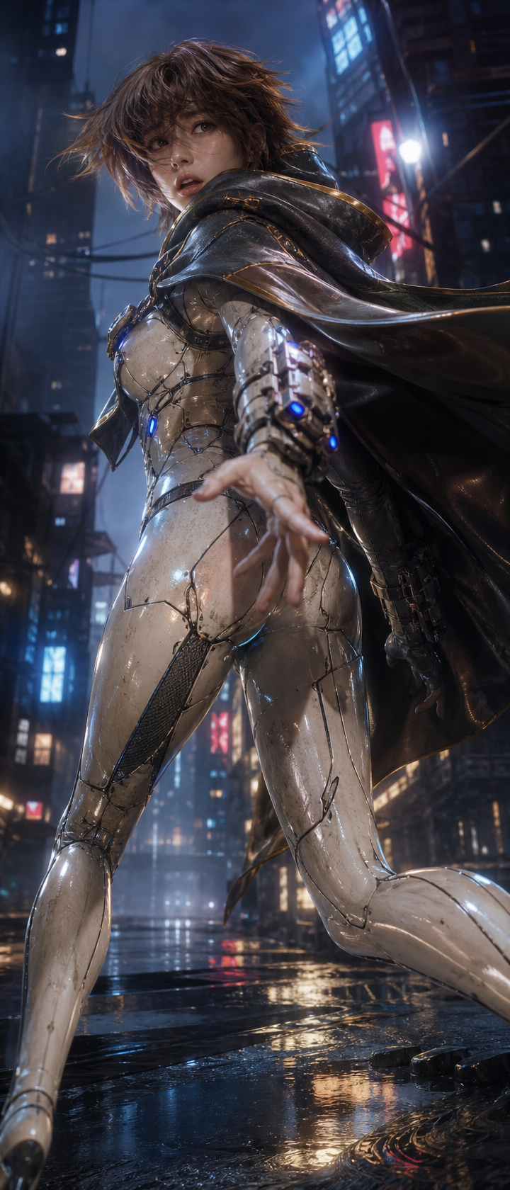 A futuristic armored woman in cracked metallic suit in neon-lit city rain.
