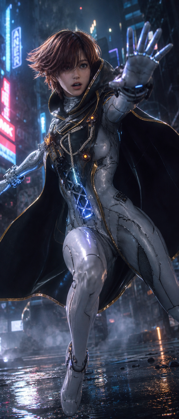 Cyberpunk female warrior in a metallic suit leaping in a neon-lit cityscape at night.