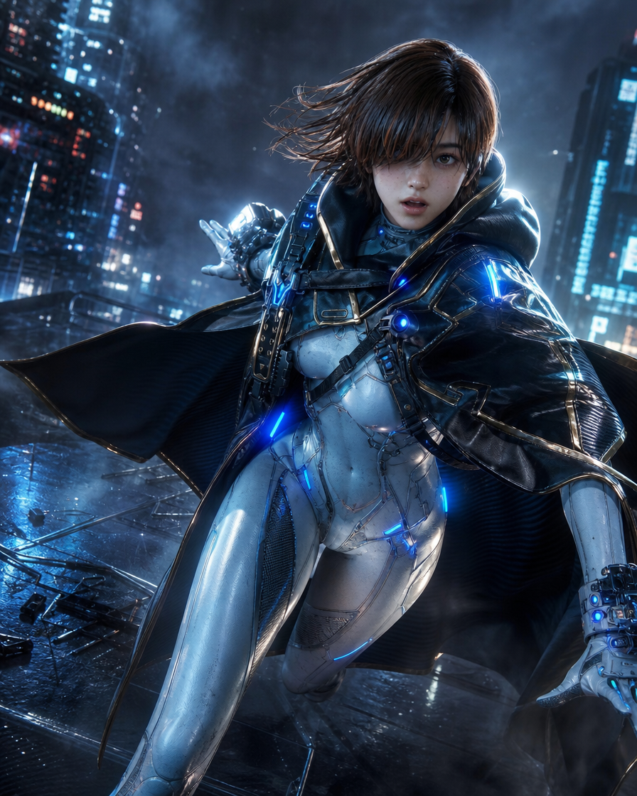 Female sci‑fi armored warrior leaping through a neon-lit city at night.