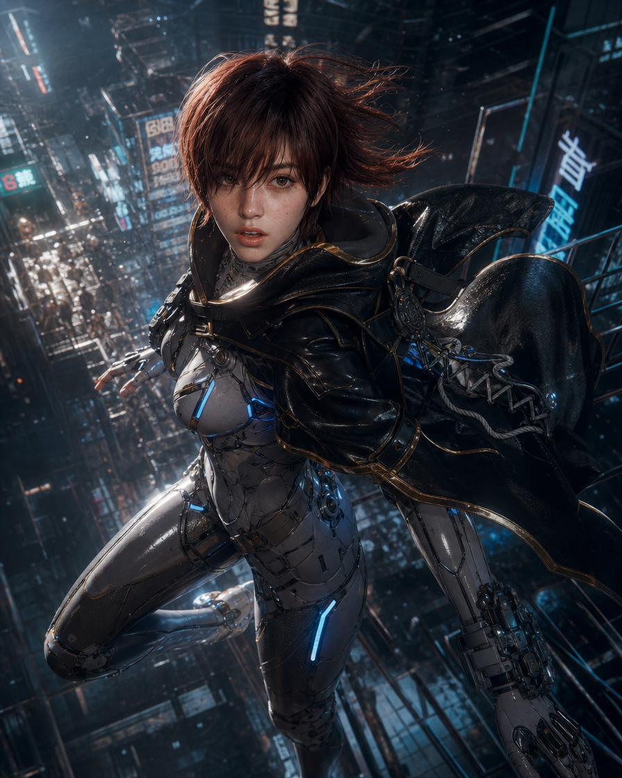 Female cyborg in sleek armored suit with cape, leaping through a neon-lit futuristic city.