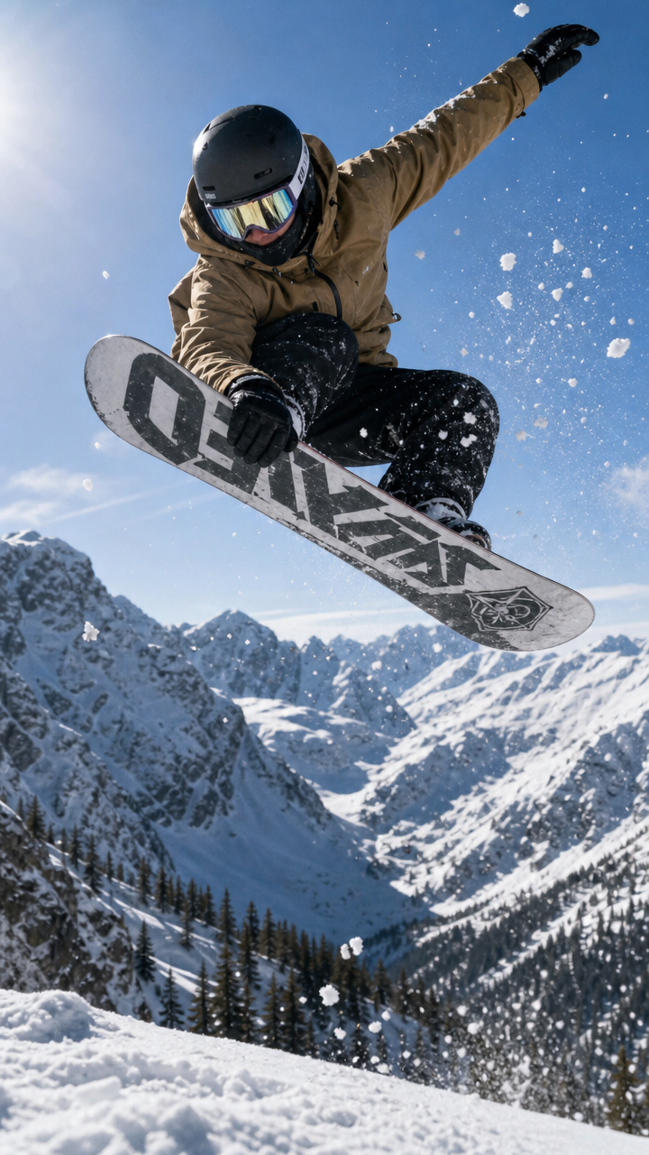 Snowboarder mid-air over snowy mountain slopes wearing helmet and brown jacket.