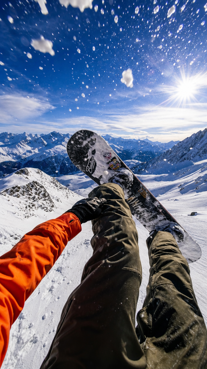 Skier's POV holding a snowboard over a snow-covered alpine slope under a bright sun.