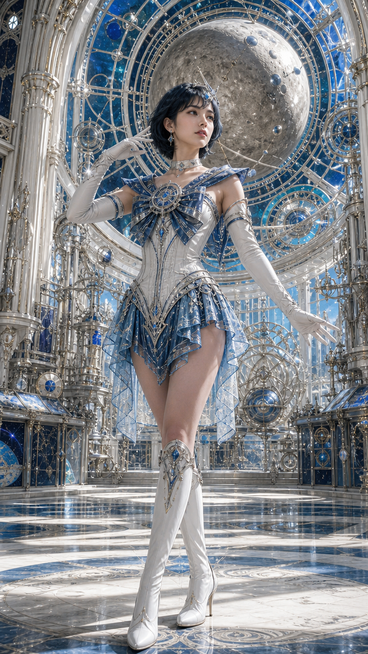 Woman in silver-blue fantasy armor posing in an ornate celestial hall with a moon backdrop.