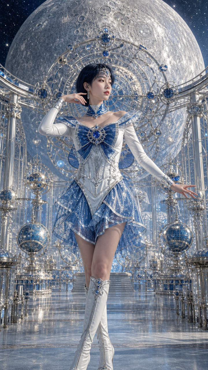 Woman in a silver-blue fantasy gown posing in a moonlit, ornate glass archway with metallic orbs.