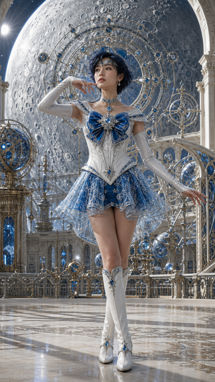 Cosplay model in silver-blue fantasy armor with wings, posed in an ornate celestial backdrop.