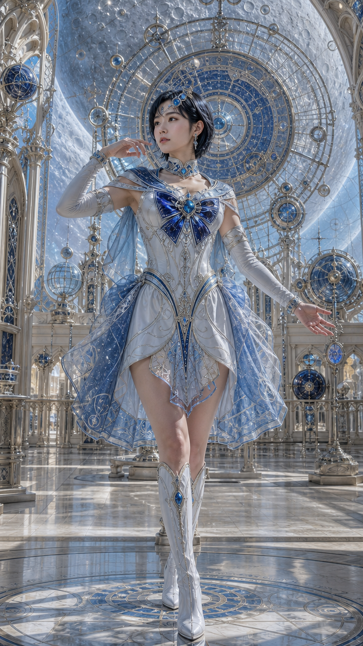 Woman in a silver-blue fantasy cosplay dress in a celestial glass palace setting.