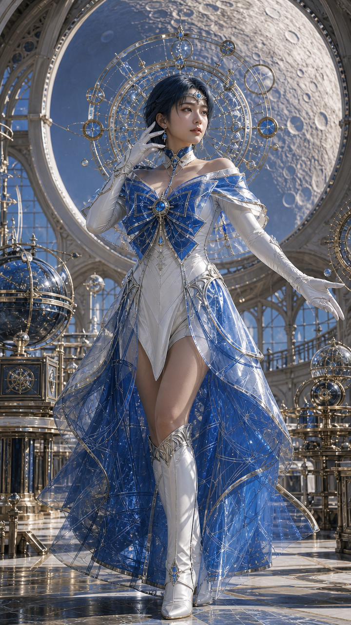 Cosplay model in a blue-silver fantasy gown with celestial rings and a moon backdrop.