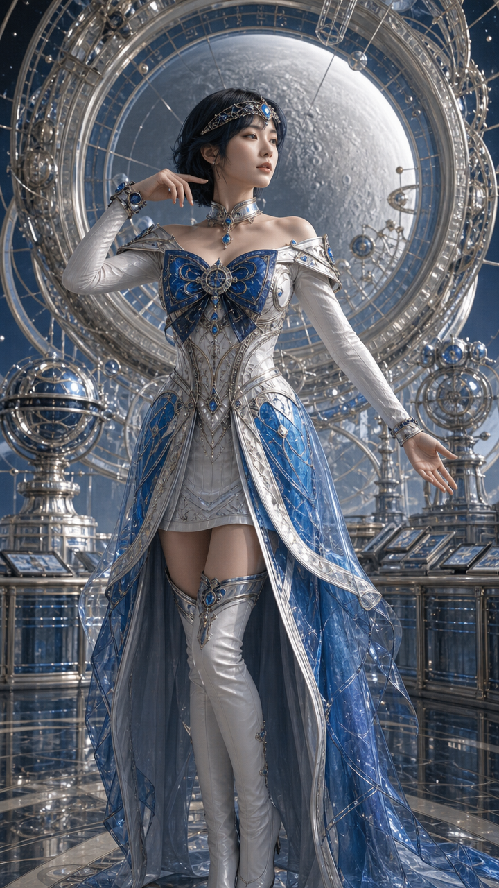 Elegant fantasy queen in silver-blue armor gown posing in a celestial, moonlit steampunk setting.