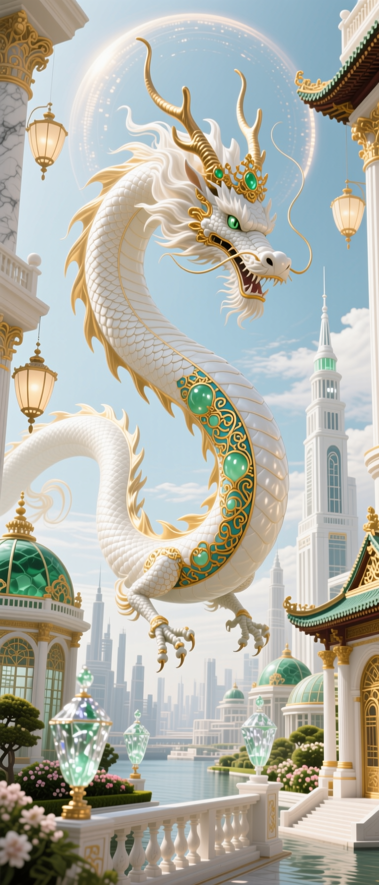 White dragon with emerald gems winds above an ornate Asian-inspired terrace.
