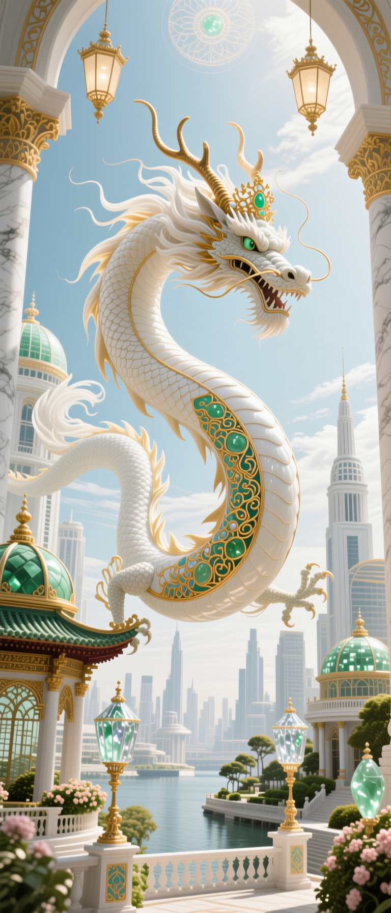 Elegant white dragon sculpture with emerald green accents coiling above a palatial terrace.