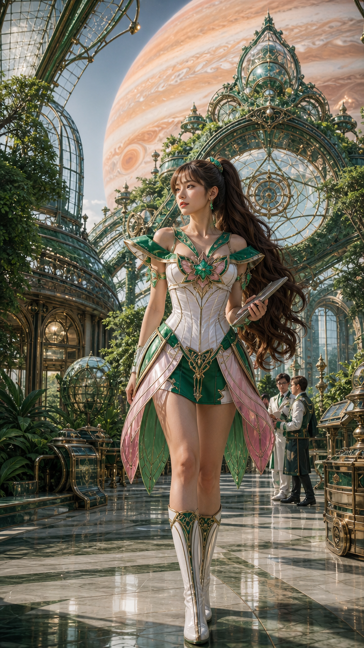 Cosplay heroine in emerald and pink fantasy armor stands in an ornate glass conservatory with a giant planet in the sky.