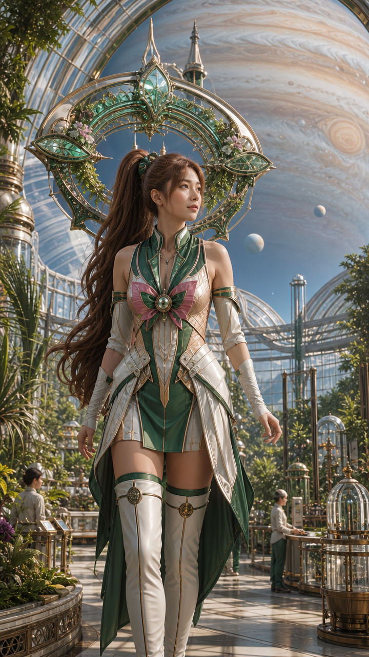 Woman in green and white fantasy armor with an ornate circular halo in a futuristic garden setting.