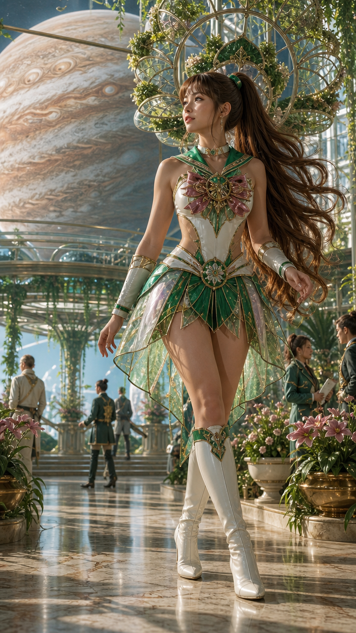 Woman in a green-and-gold fantasy cosplay with white boots in an ornate garden setting.
