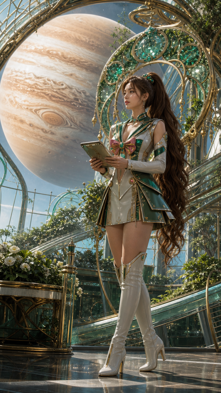 Cosplay model in emerald armor and white boots stands with a tablet inside a glass orb setting, Jupiter backdrop.