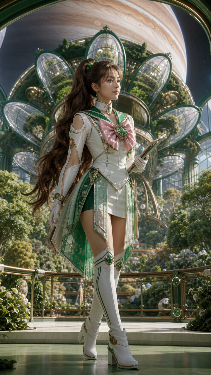 Female cosplayer in white and green magical girl costume with pink bow in a glass garden.