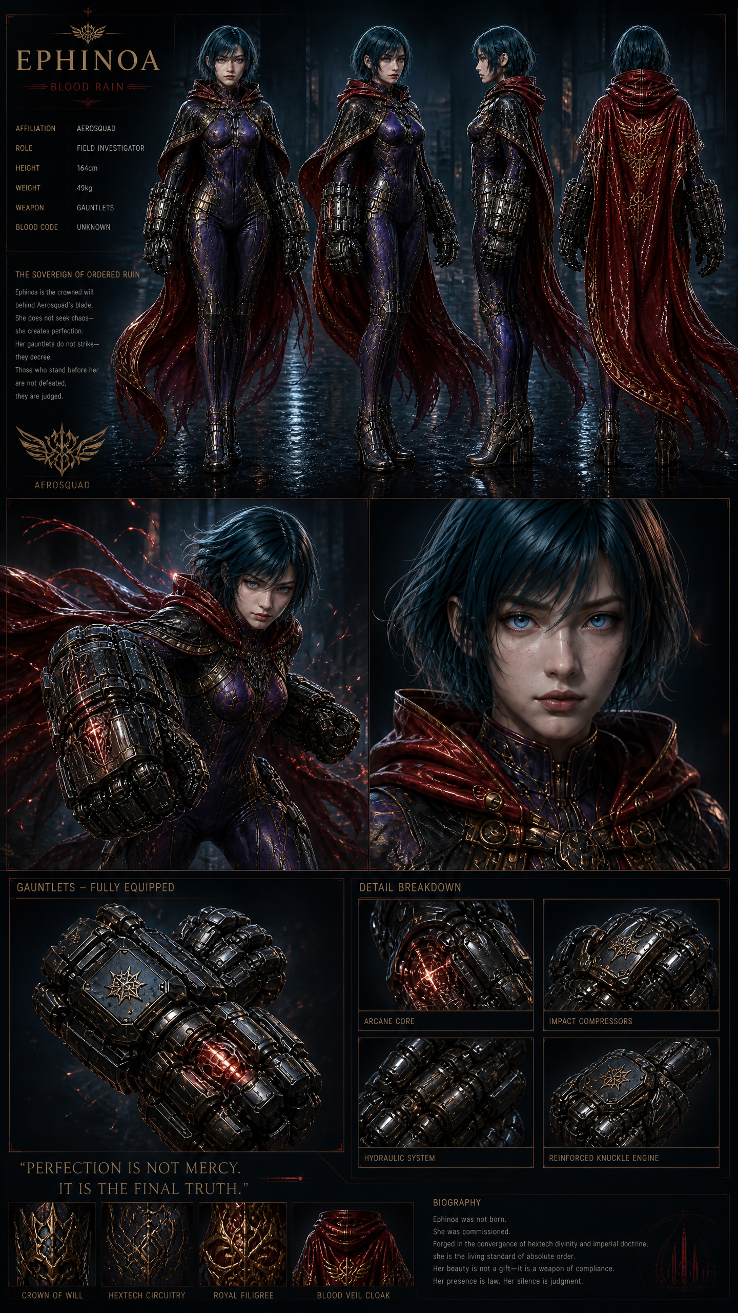Ephinioa Blood Rain sci-fi fantasy character reference sheet with 360 turnarounds, combat gear breakdowns, and in-universe...