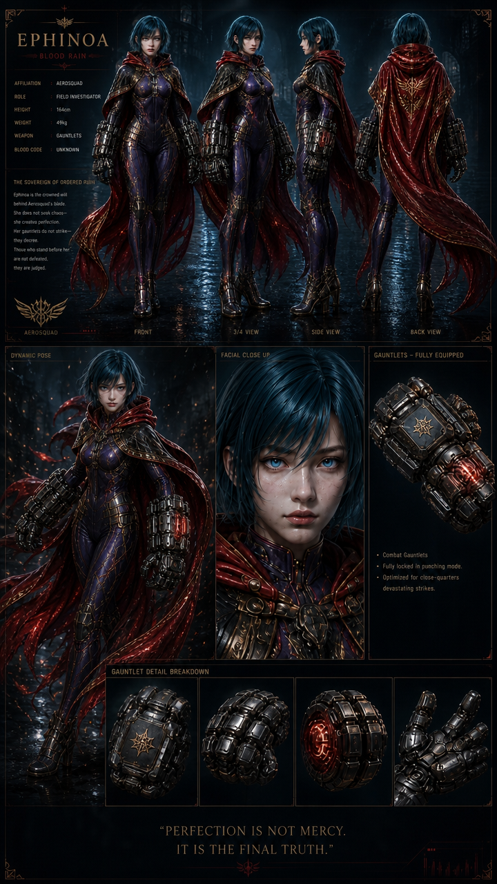 "Ephinoa Blood Rain character reference sheet: 360° views, facial closeup, and combat gauntlet breakdown for this dark sc...