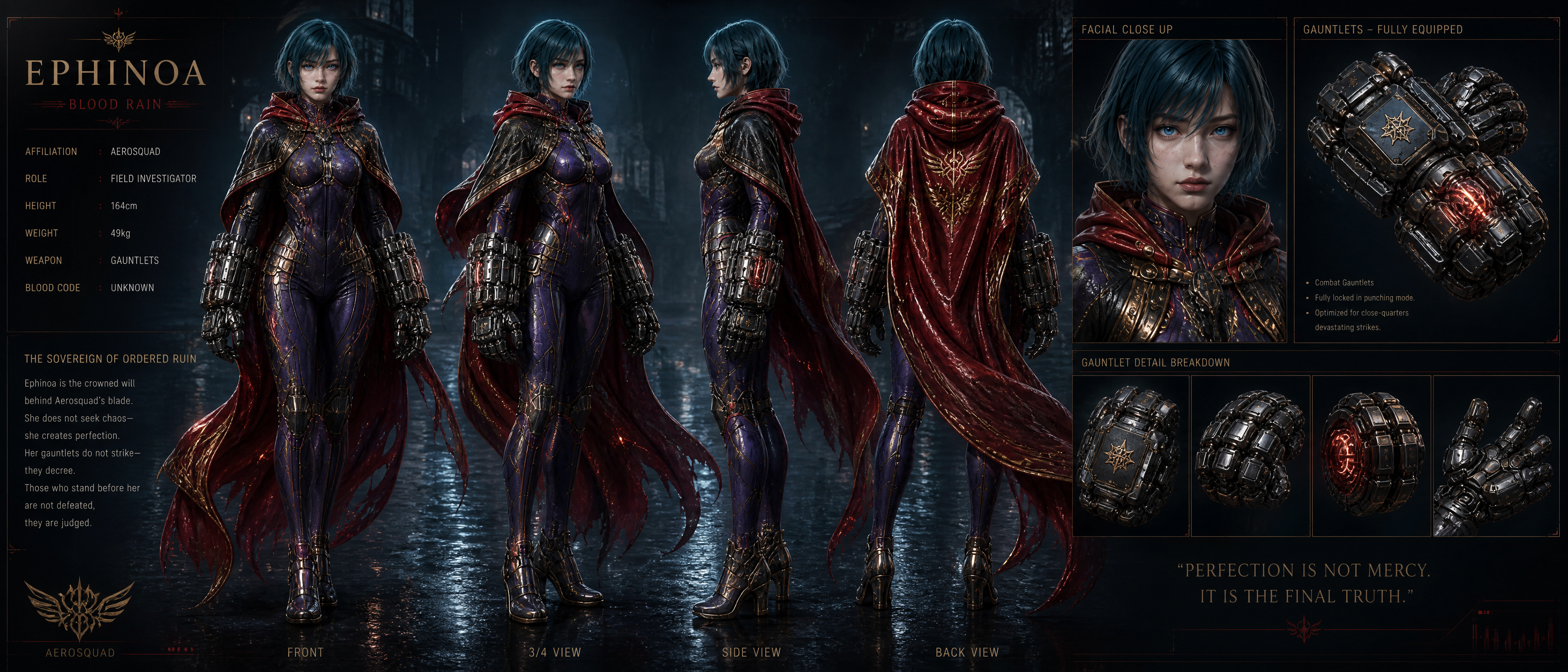 "Character reference sheet for sci-fi fantasy protagonist Ephinoa, with 360° views, weapon closeups, lore, and core stats...
