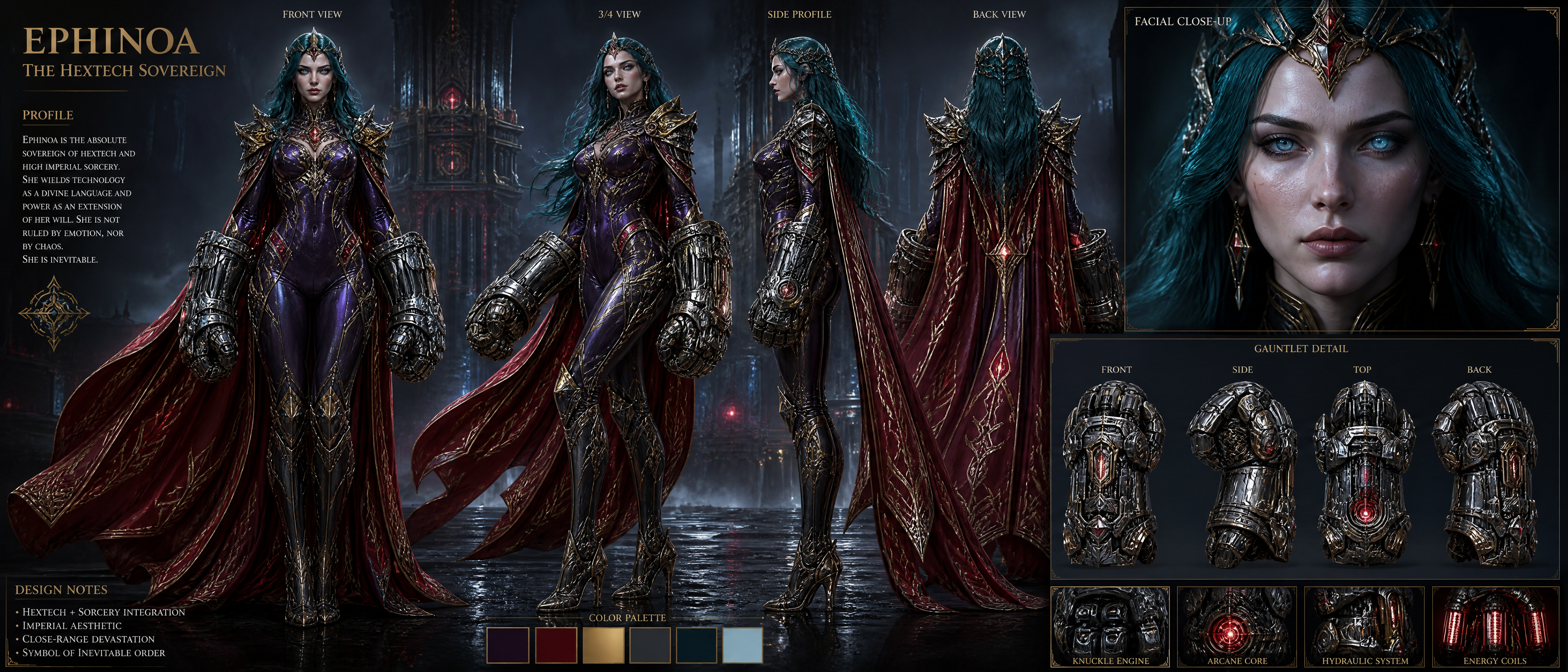 Character reference sheet for Ephinoa the Hextech Sovereign, with full-body turnarounds, closeups, and dark fantasy arcane...
