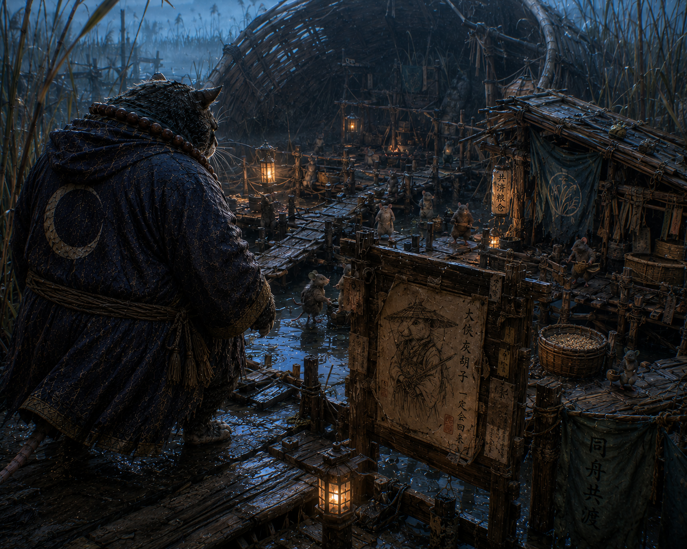 Anthropomorphic cat monk overlooks a misty twilight wetland stilt village of working mice, lit by warm glowing wooden lant...