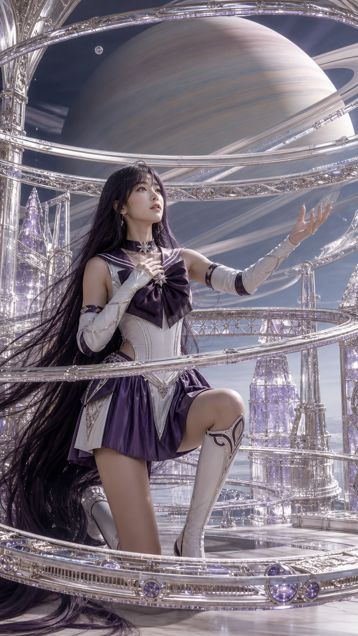 Sailor Saturn-inspired magical girl cosplayer in a crystalline space temple, with a large ringed Saturn gas giant in the s...