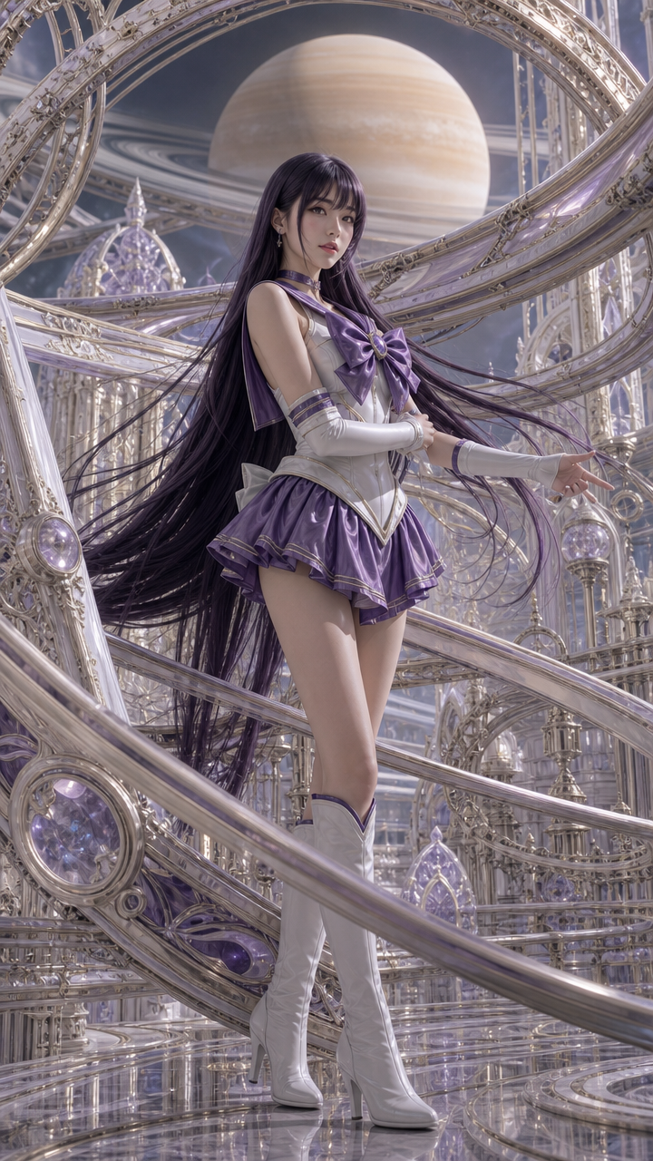 Sailor Saturn-inspired magical girl in a purple-white uniform, standing in an ornate space city with a ringed gas giant be...