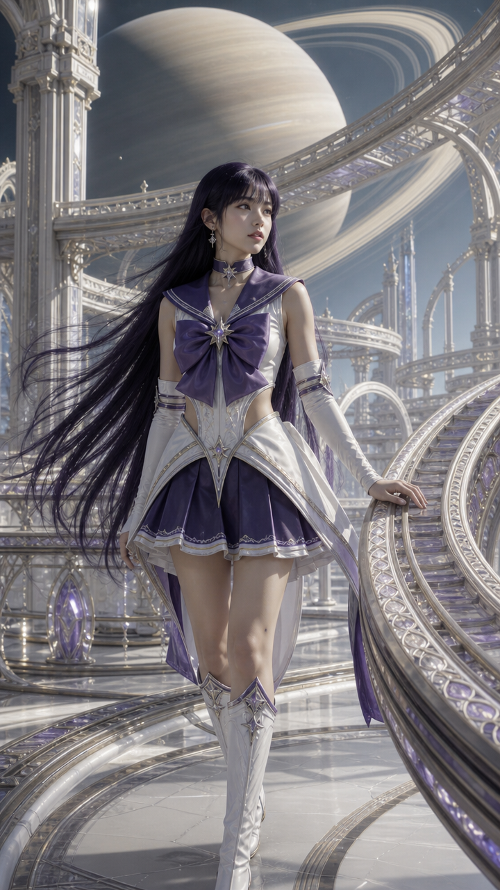 Cosmic magical girl in a purple-white sailor uniform stands in an ornate space palace, with a ringed gas giant in the star...