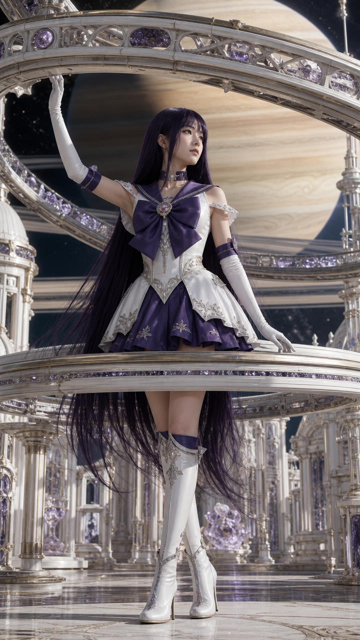Purple-themed magical girl cosplayer in a Sailor Moon-style outfit poses in an ornate celestial temple with a large ringed...