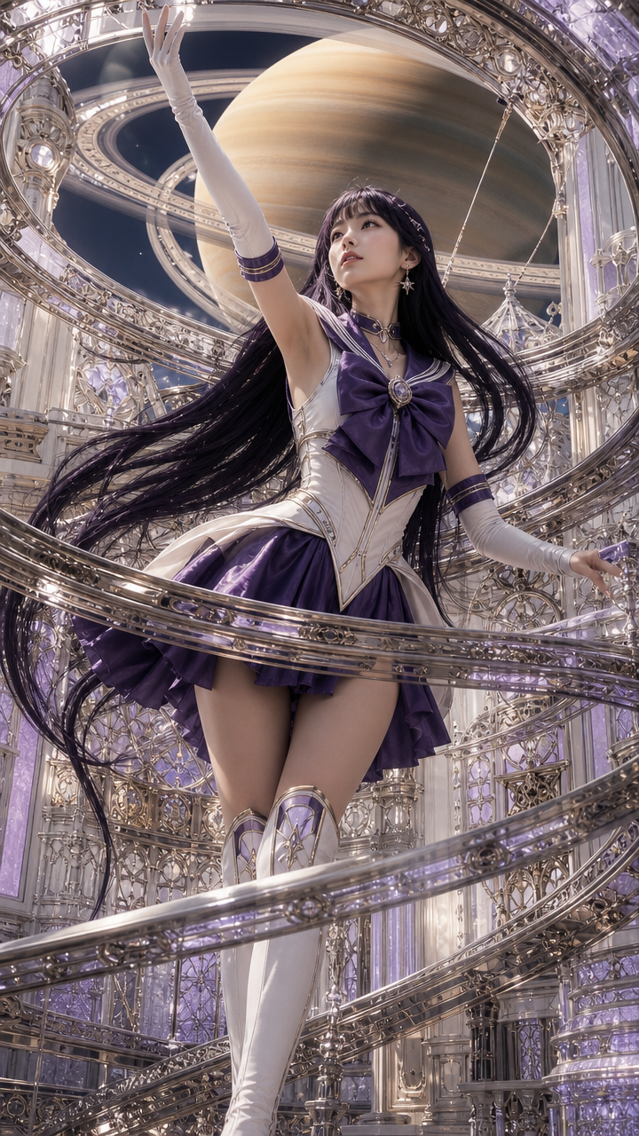 "Sailor Saturn cosplayer in a purple-white magical girl uniform poses in an ornate glass celestial structure with planet S...