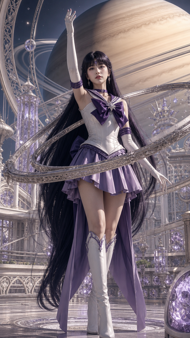 Realistic Sailor Saturn cosplayer in purple-white magical girl uniform, raising an arm in an ornate crystal space palace w...