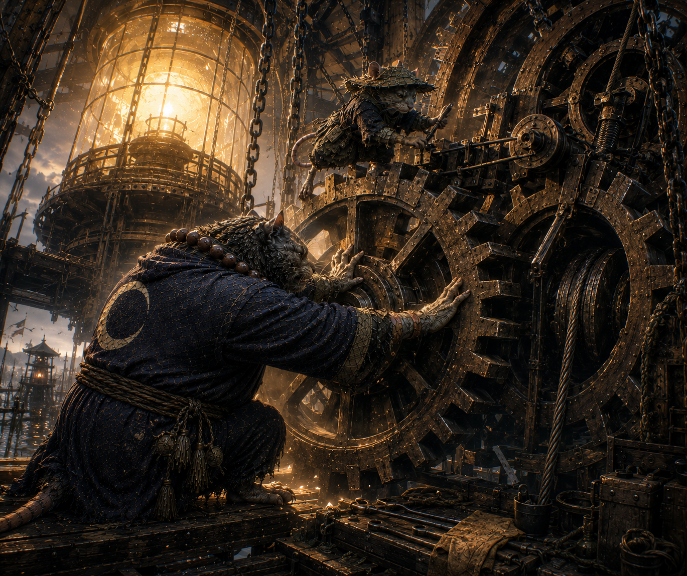 Anthropomorphic cat and rat workers tending to giant rusted steampunk gears in a glowing, industrial fantasy factory.