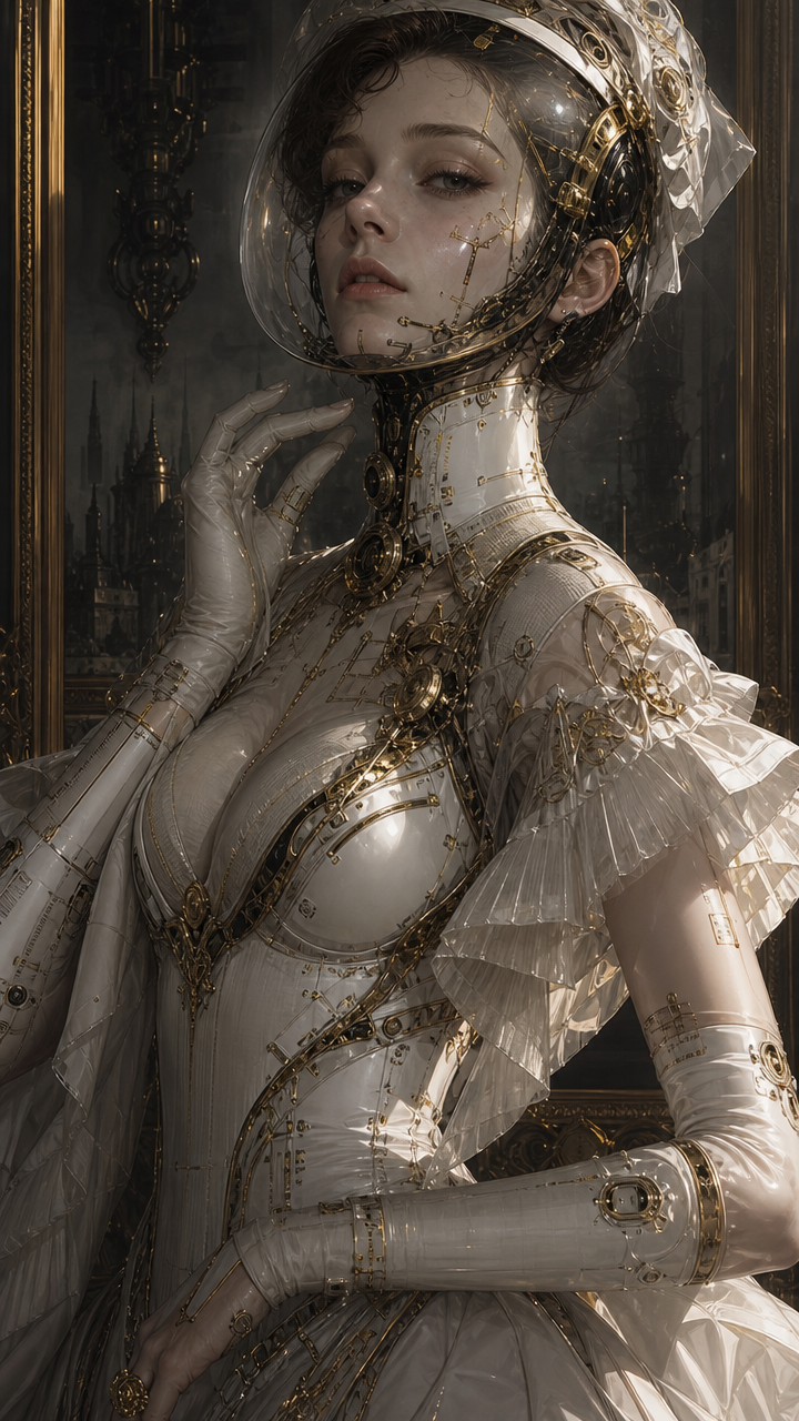 Steampunk android bride in a white and gold mechanical Victorian gown and clear space helmet, posed against a dark ornate ...