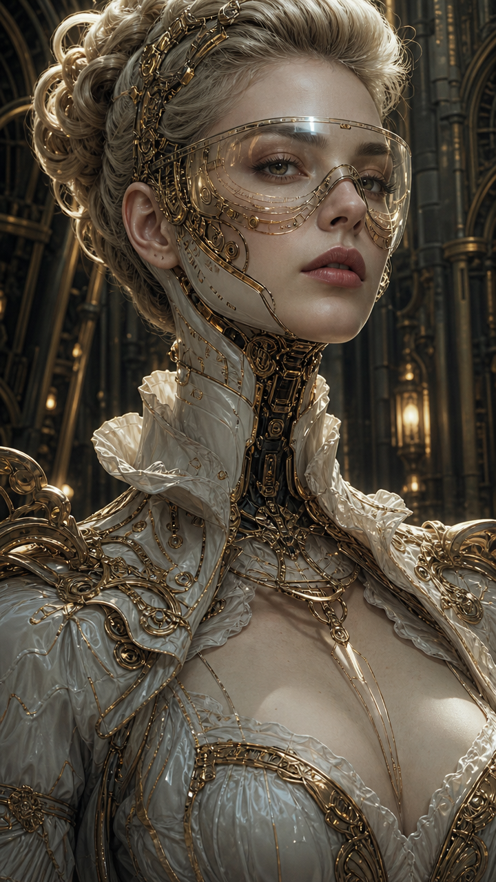 Steampunk rococo cyborg woman with blonde updo, gold mechanical enhancements, set in a dim gothic cathedral interior.