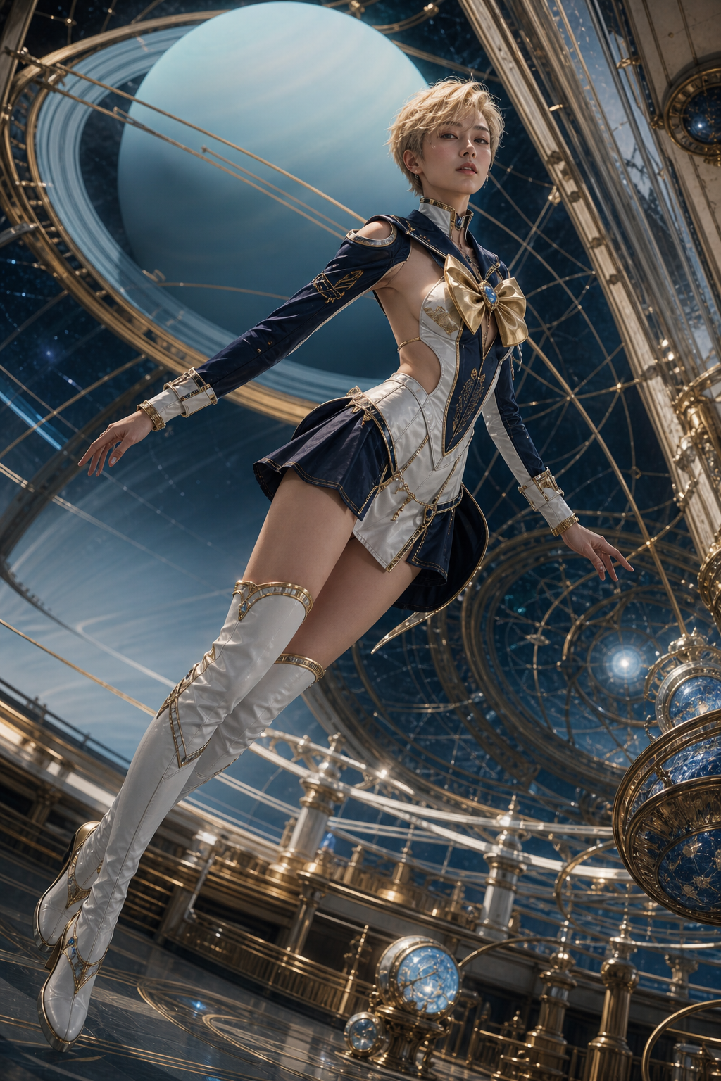 Blonde woman in ornate navy, white, gold celestial outfit floating in a steampunk space observatory, with a large ringed a...